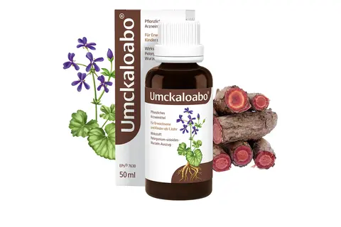 Packungsabbildung Umckaloabo Tropfen mit Pelargonium Pflanze und Wurzel