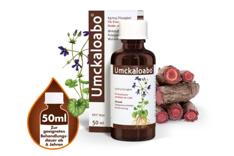 Umcka 50ml Faltschachtel + Flasche + Pellargonium-Wurzel und Icon